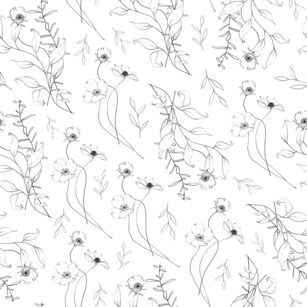 Seamless Pattern Botanic Outline Wildflower Branch Leaves Hand Drawn Floral — стоковое фото