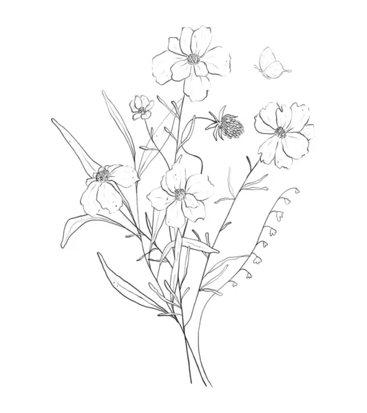 植物性のアウトライン野花花束。手描き花抽象鉛筆スケッチ — ストック写真