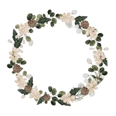 Suluboya Noel çelengi çizimi. Kış çiçekli yeşillik çelengi. Noel botanik hassas çerçevesi