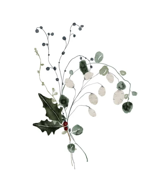 Aquarel Winter Bloemen Boeket Illustratie Kerst Groen Bloemstuk Delicate Botanische — Stockfoto