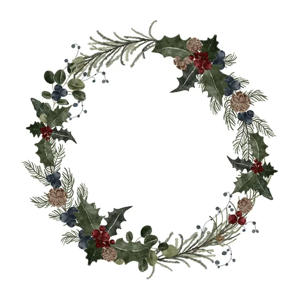 Watercolor Christmas wreath illustration. Winter floral berry flower greenery wreath. Christmas botanical delicate frame