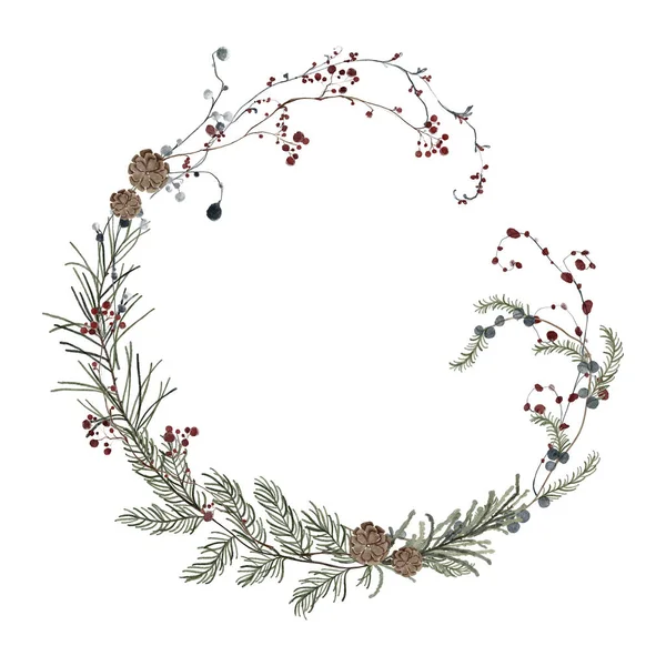 Watercolor Christmas wreath illustration. Winter floral berry flower greenery wreath. Christmas botanical delicate frame