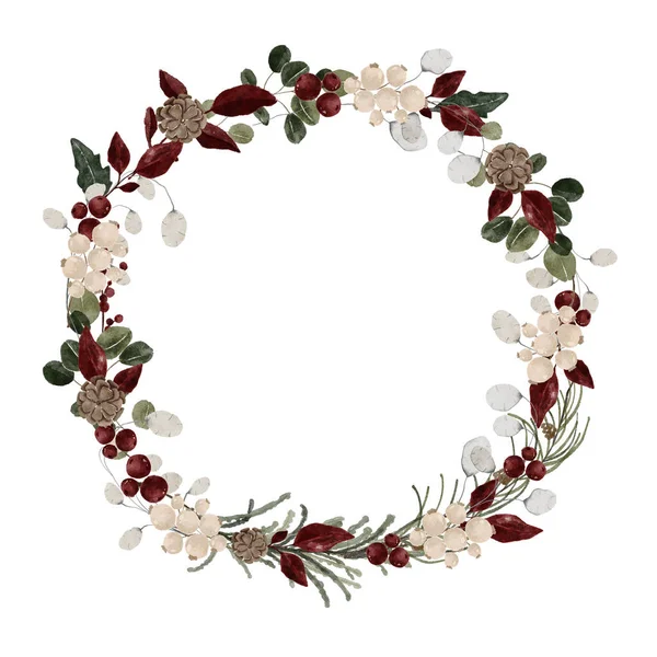 Watercolor Christmas wreath illustration. Winter floral berry flower greenery wreath. Christmas botanical delicate frame