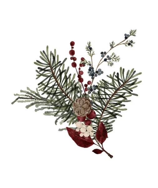 Aquarel Winter Bloemen Boeket Illustratie Kerst Groen Bloemstuk Delicate Botanische — Stockfoto