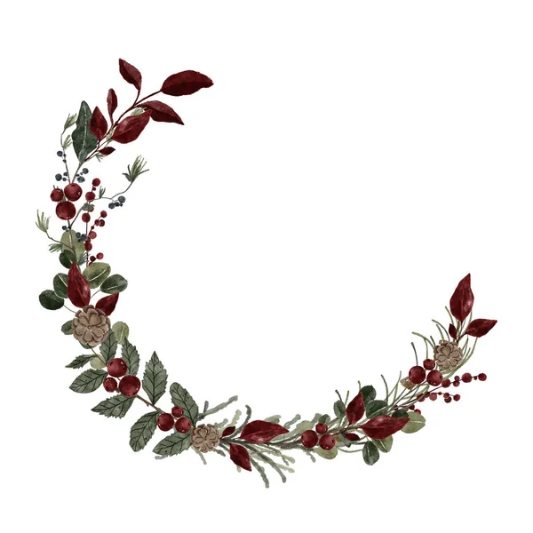 Akvarell Karácsonyi Koszorú Illusztráció Téli Virágos Bogyó Virág Zöld Koszorú — Stock Fotó