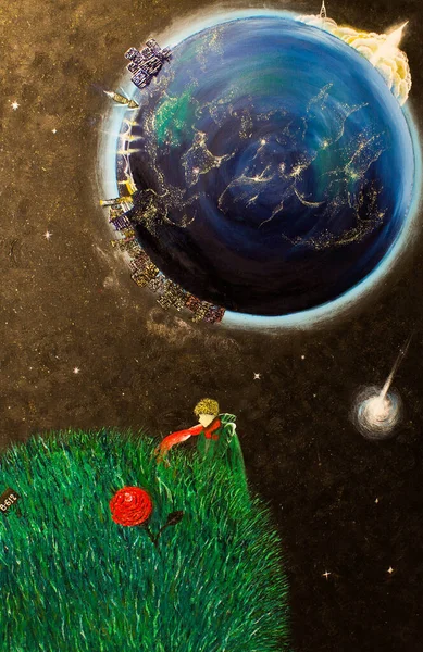 Yağlı boya Küçük Prens 'i boyuyor. Tuvalin üzerinde. Arkaplan.