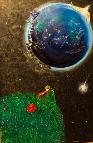 Peinture Huile Petit Prince Sur Toile Contexte — Photo