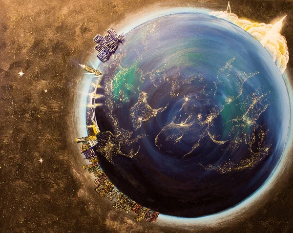 Oljemålning Den Lille Prinsen Planet Duk Rymd Och Stjärnor Romantisk — Stockfoto