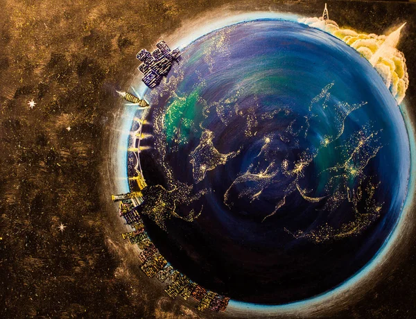 Oljemålning Den Lille Prinsen Planet Duk Rymd Och Stjärnor Romantisk — Stockfoto