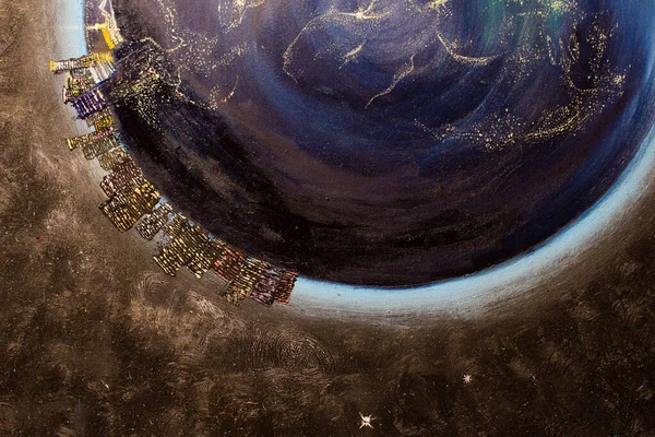 Pintura Óleo Principito Planeta Sobre Lienzo Espacio Estrellas Imagen Romántica —  Fotos de Stock