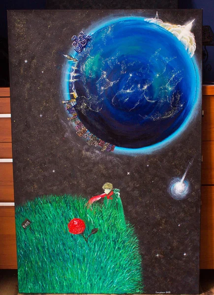 Lukisan Minyak Little Prince Atas Kanvas Latar Belakang — Stok Foto