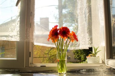 A beautiful bouquet of flowers on the window. Lilies on the window. Background. Texture.