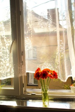 A beautiful bouquet of flowers on the window. Lilies on the window. Background. Texture.