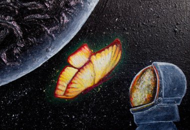 Yağlı boya alanı. Gezegen, kelebek ve astronot. Güzel uzay çizimi. Geçmişi. Doku.