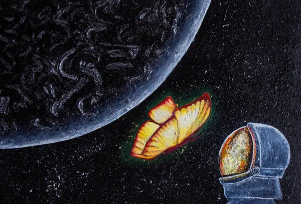Olieverfruimte Planeet Vlinder Astronaut Prachtige Ruimtetekening Achtergrond Textuur — Stockfoto