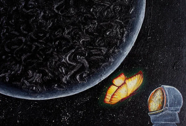 Olieverfruimte Planeet Vlinder Astronaut Prachtige Ruimtetekening Achtergrond Textuur — Stockfoto