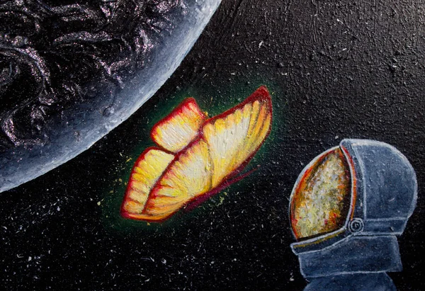 Oil painting space. Planet, butterfly and astronaut. Beautiful space drawing. Background. Texture.
