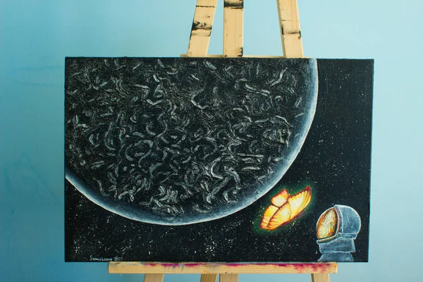 Olieverfruimte Planeet Vlinder Astronaut Achtergrond Textuur — Stockfoto