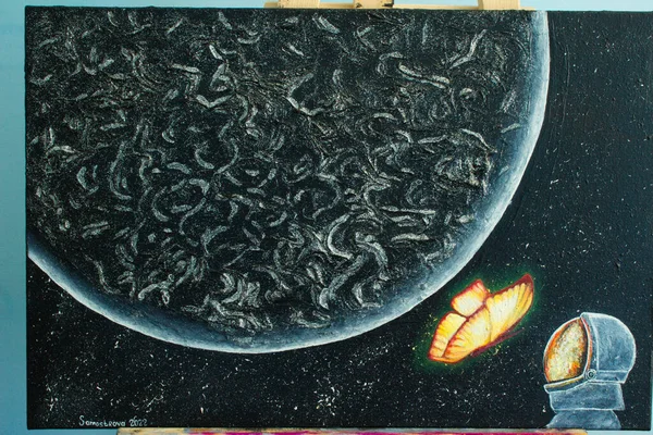 Olieverfruimte Planeet Vlinder Astronaut Achtergrond Textuur — Stockfoto