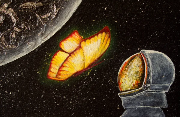 Olieverfruimte Planeet Vlinder Astronaut Prachtige Ruimtetekening Achtergrond Textuur Stockfoto