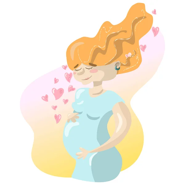 Pregnant ginger hair woman, blue dress — Stock Vector