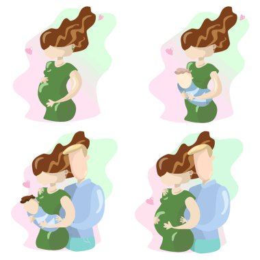 Çizgi film aile çifti. Yeşil ve pembe arka planda izole edilmiş bebeğe hamile kadın ve erkek.