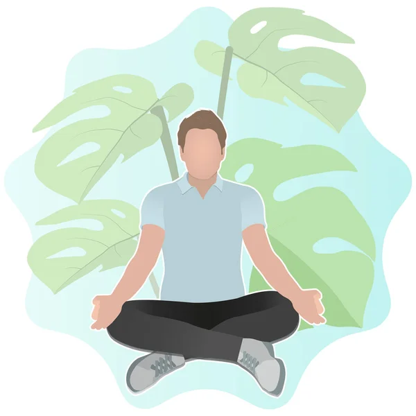 熱帯植物モンスターの葉の背景を背景に、男はハスの位置で瞑想します。. — ストックベクタ