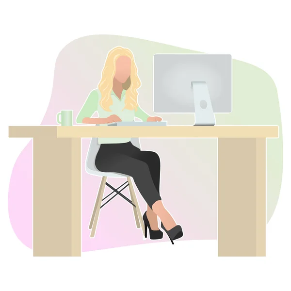 The manager girl in a green shirt is sitting at the computer. Gradient background. — Stock Vector