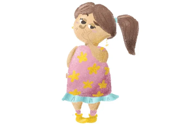 Мультфильм скучно милая девушка в розовом платье ковыряет нос изолирован — стоковое фото