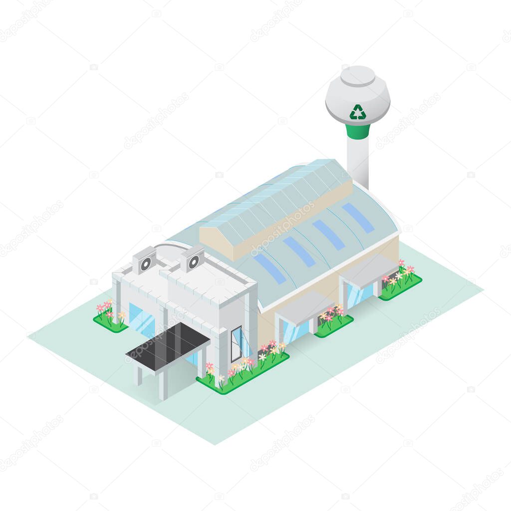 Isometric recycle factory building manufacturing industrial plant and warehouse storage. Infographic element representing on white screen