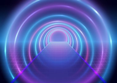 Bulanık gölgeli fütürist mavi ve pembe neon lazer halkaları. Ultraviyole floresan ışık arkaplanı