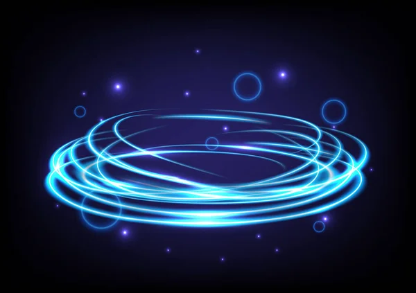 青い光る渦光効果 魔法の抽象的なフレーム 円要素のパワーエネルギー 光の科学 輝くネオンが宇宙を照らす 未来的な旋回宇宙の痕跡効果 — ストックベクタ