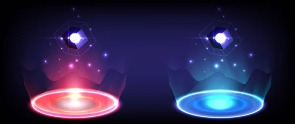 在发光的Hud中的科幻数字高科技集合 科学未来主义的全息图门户 游戏幻想中的魔法扭曲之门 抽象技术 圆形传送台 红色和蓝色的霓虹灯 — 图库矢量图片