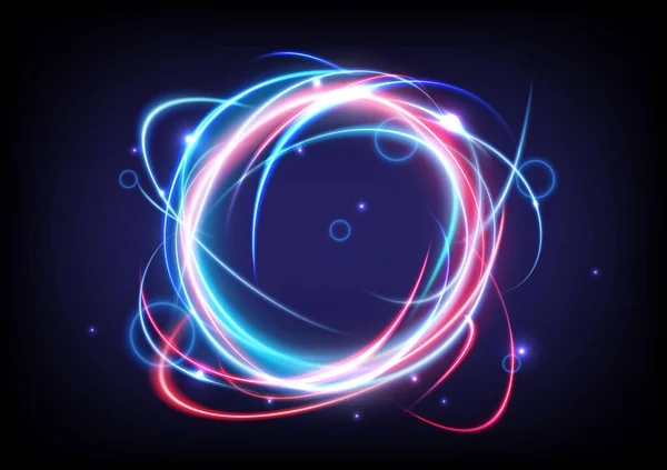 技术发光涡旋光效应 神奇的抽象框架环 循环元件的功率能 灯火通明的科幻 发出蓝色和红色霓虹灯的宇宙光芒 未来涡旋宇宙尾迹效应 — 图库矢量图片