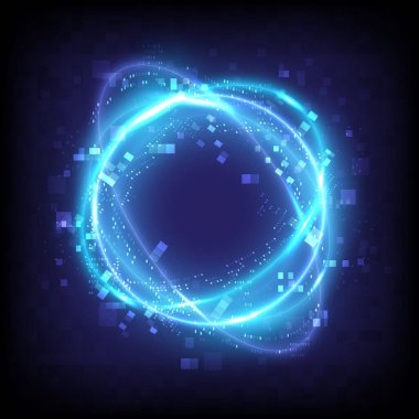 Arıza ve piksel. Parlak ışık efekti teknolojisi. Sihirli soyut çerçeve. Dairesel elementin güç enerjisi. Parlak bilim kurgu. Parlayan neon ışıklar kozmik. Fütürist girdap evren iz etkisi