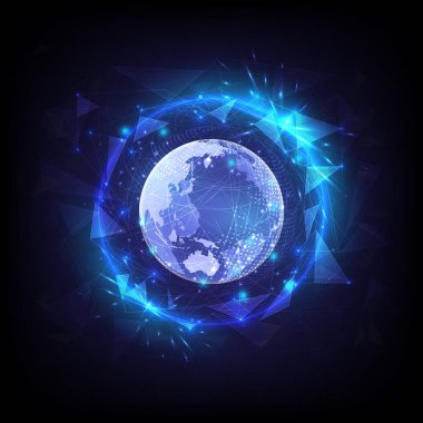 Çokgen arka plan. Güvenlik mahremiyeti. Altıgen ve küreden oluşan parlak bir küre. Yüksek teknoloji koruması. Antivirüs ve suçlu bilgisayarı. Enerji kalkanı şeklinde koruma ve bağışıklık.