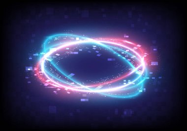 Arıza ve piksel. Parlak ışık efekti teknolojisi. Dairesel elementin güç enerjisi. Parlak bilim kurgu. Parlayan neon ışıklar kozmik. Fütürist girdap evren iz sürme etkisi. Sihirli kare
