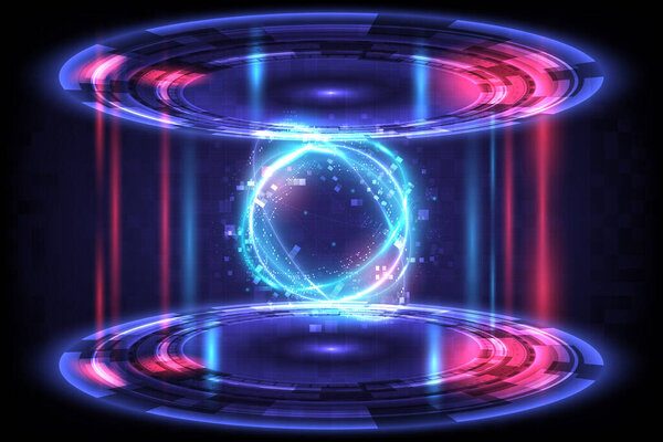 GUI и UI виртуальная реальность. Портал и голограмма научных футуристических. Sci-fi цифровые hi-tech в перчаточном проекторе HUD. Универсальные волшебные ворота в игровых фантазиях. Подиум телепортации. Неоновая светящаяся космическая звезда