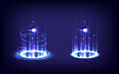 GUI ve UI sanal gerçekliği. Göstermek için Ray sahnesi. Geçit ve hologram bilimi fütüristik. Parlayan HUD projektöründe yüksek teknoloji. Oyun fantazisinde sihirli kapı. Işınlanma podyumunu çember yapın. Ürün gösteriliyor