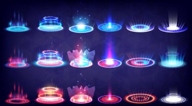 Bilimkurgu yüksek teknoloji sahne koleksiyonu. Kırmızı ve mavi renkli parlak HUD. Bilimsel fütüristin hologram portalı girdap ışığı. Oyun fantazisinde sihirli warp kapısı. Işınlanma podyumunu çember yapın. HUD teknoloji çemberi