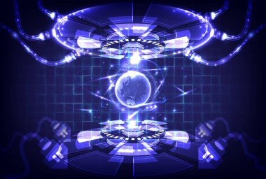 Laboratuvar ya da araştırma odası. HUD teknik arayüzü. UI ve GUI için aşama. Işınlanma podyumunu çember yapın. Portal hologram. Oyun fantazisinde sihirli kapı. Holografik küre HUD çemberinde. Ürün gösterimi için göster