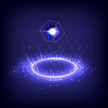 Ürün gösterimi ve gösterimi. GUI ve UI sanal gerçekliği. Geçit ve hologram bilimi fütüristik. Parlayan HUD teknolojisi projektöründe bilimkurgu lüksü. Oyun fantazisinde sihirli kapı. Teknoloji ışınlama podyumu