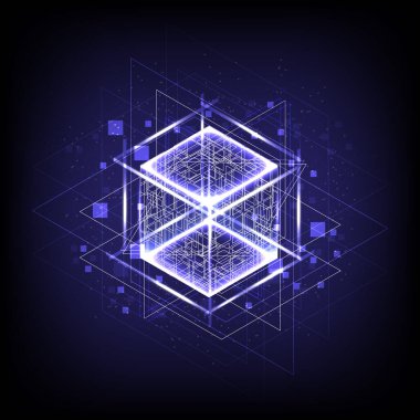 HUD energy box. Smart code. Big data. Digital chip. 3D cubes. CPU core. Abstract technology. Futuristic hi-tech . Blockchain network. Cyberpunk box