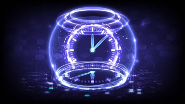 Portal and hologram time machine. Sci-fi digital hi-tech in glowing HUD projector. Magic gate in game fantasy. Circle teleport podium. GUI and UI virtual reality. Futuristic clock background