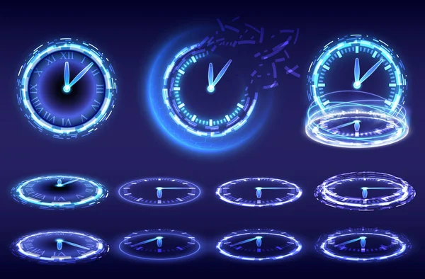 时间机器 计时器和截止日期 在发光的Hud元素时钟中的科幻数字高科技集合 科学未来主义技术的全息图门户 游戏幻想中的魔法扭曲之门 电信平台 — 图库矢量图片