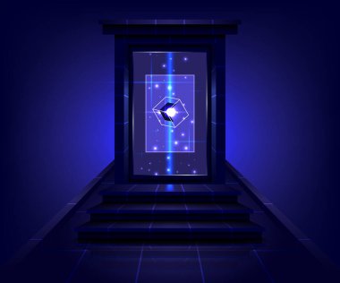 Ürün ekran arayüzü. Ürün gösterimi. Başka bir evrene açılan kapı. Işınlanma podyumu. Oyun fantazisinde bilimkurgu sihirli kapı. Parlak projektör tabanı