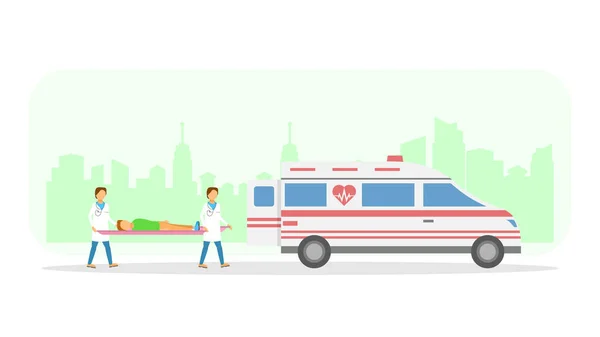 Soyut Daire İki Doktoru Hastayı Ambulans Çizgi Film Karakteri Tasarım Vektör Tasarım Stili Sağlık Sağlığı Kliniği Acil Yardım Kliniğinde Sedyeyle Taşır