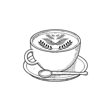 El yapımı soyut kahve fincanı, kaşıkla çizilmiş içecek tohumu, konsept vektör tasarımı, beyaz arka planda izole edilmiş.