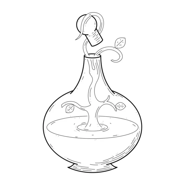 Ligne Simple Noire Flacon Verre Doodle Outline Plant Leaf Potion — Image vectorielle