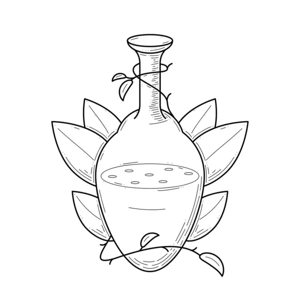 Ligne Simple Noire Flacon Verre Doodle Outline Plant Leaf Potion — Image vectorielle